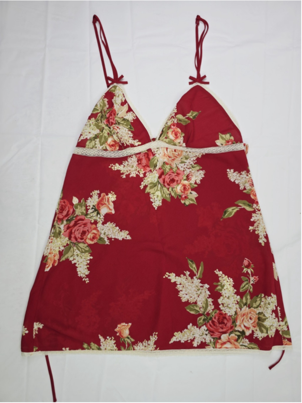 Oscar de la Renta Pink Label Red Floral Baby Doll Nightgown Sleepwear Sz L